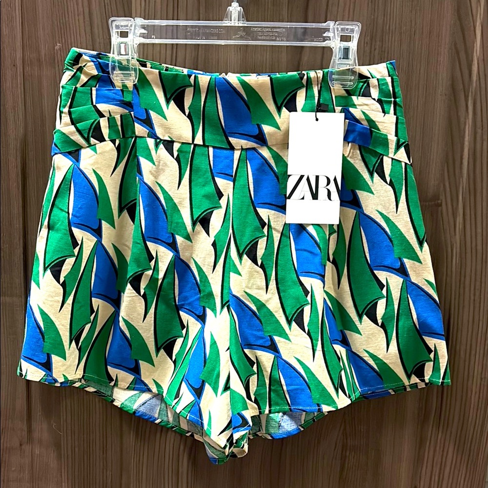 Zara NWT High Waist Tropical Print Tailored Shorts XS Green Blue cotton linen